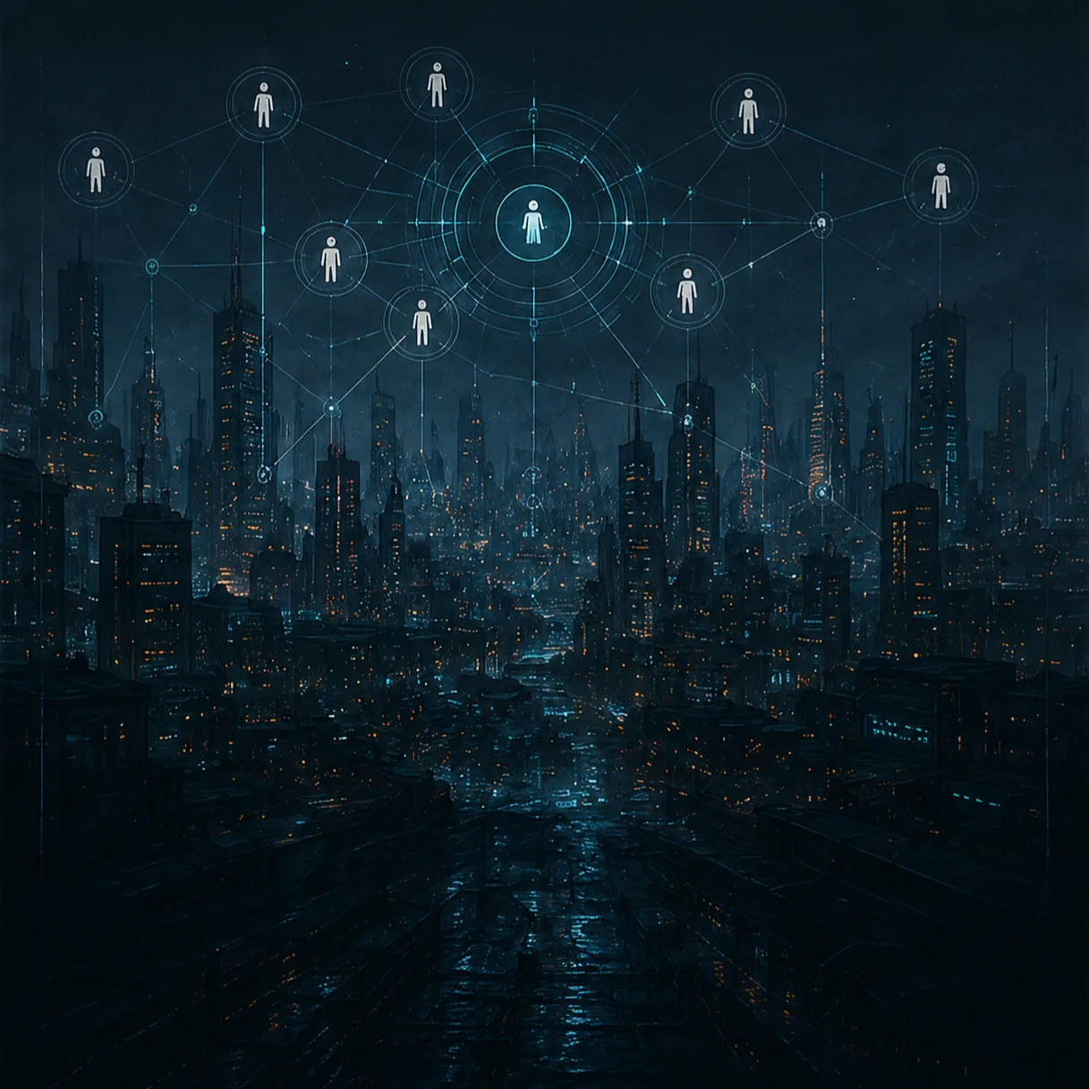 A Whole City — neon cityscape with network graph of connected soul nodes hovering above.