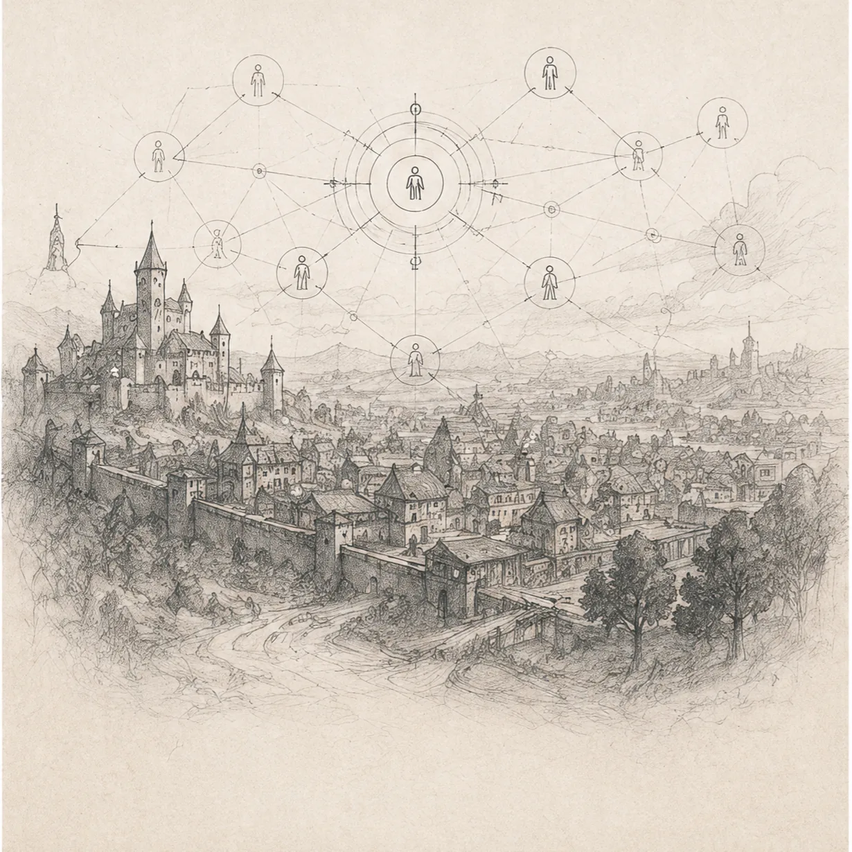 A Whole City — pencil-sketch walled city with network graph of connected soul nodes above.