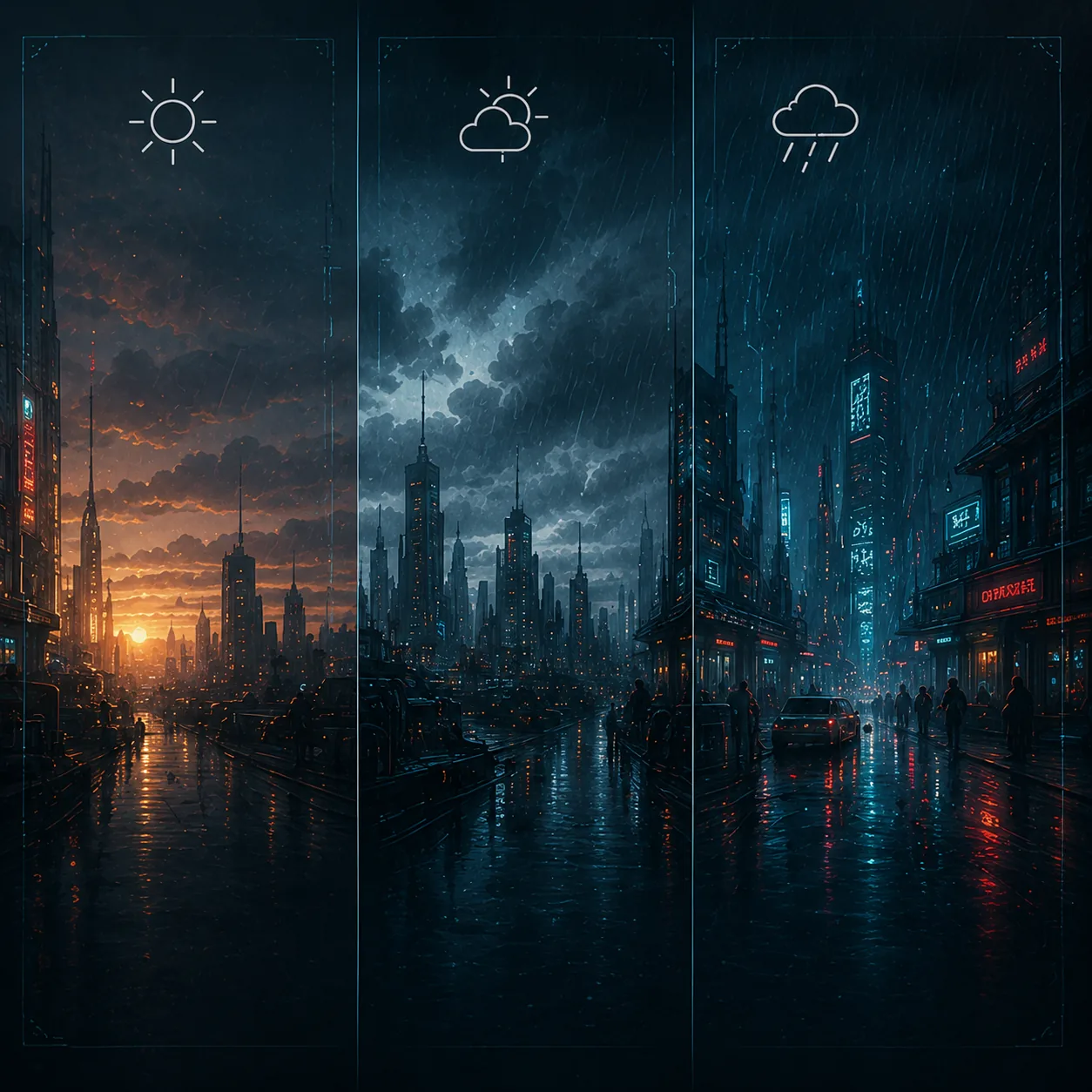 One Morning, Three Ways — neon cityscape triptych: dawn orange left, storm centre, rain right.