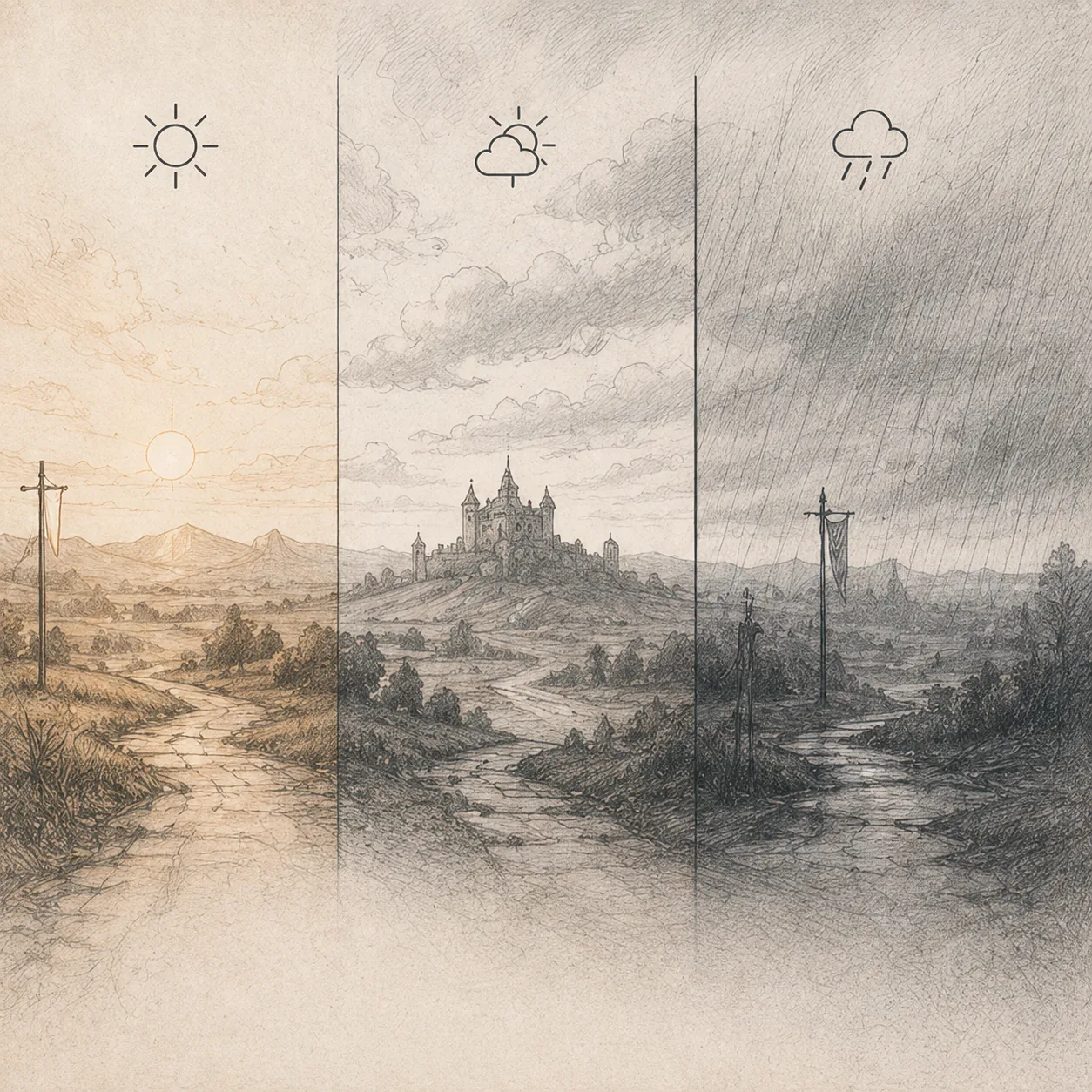 One Morning, Three Ways — pencil-sketch triptych: fair dawn left, cloudy centre, rainy right.