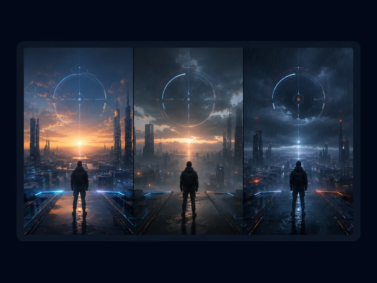Cold Rain — sci-fi triptych: a lone figure faces a neon cityscape at dawn, dusk, then storm, with a HUD reticle overhead.