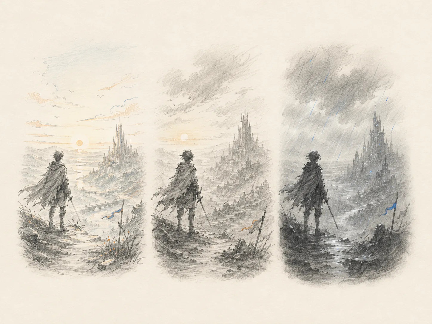 Cold Rain — pencil-sketch triptych: a cloaked figure faces a keep at fair dawn, overcast, then driving rain.