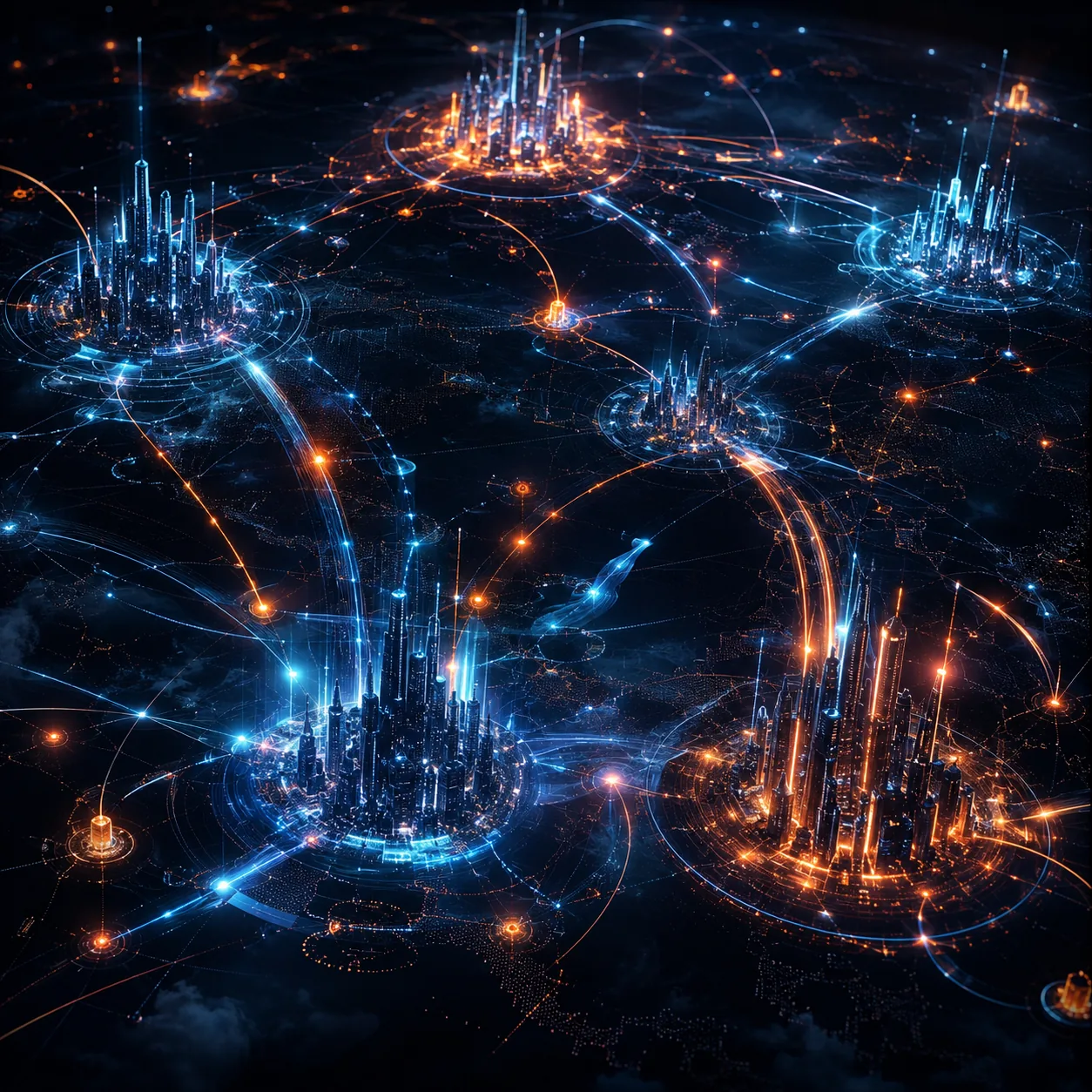 Relations Between Cities — neon network of glowing cities linked by blue and orange signal arcs across a dark map.