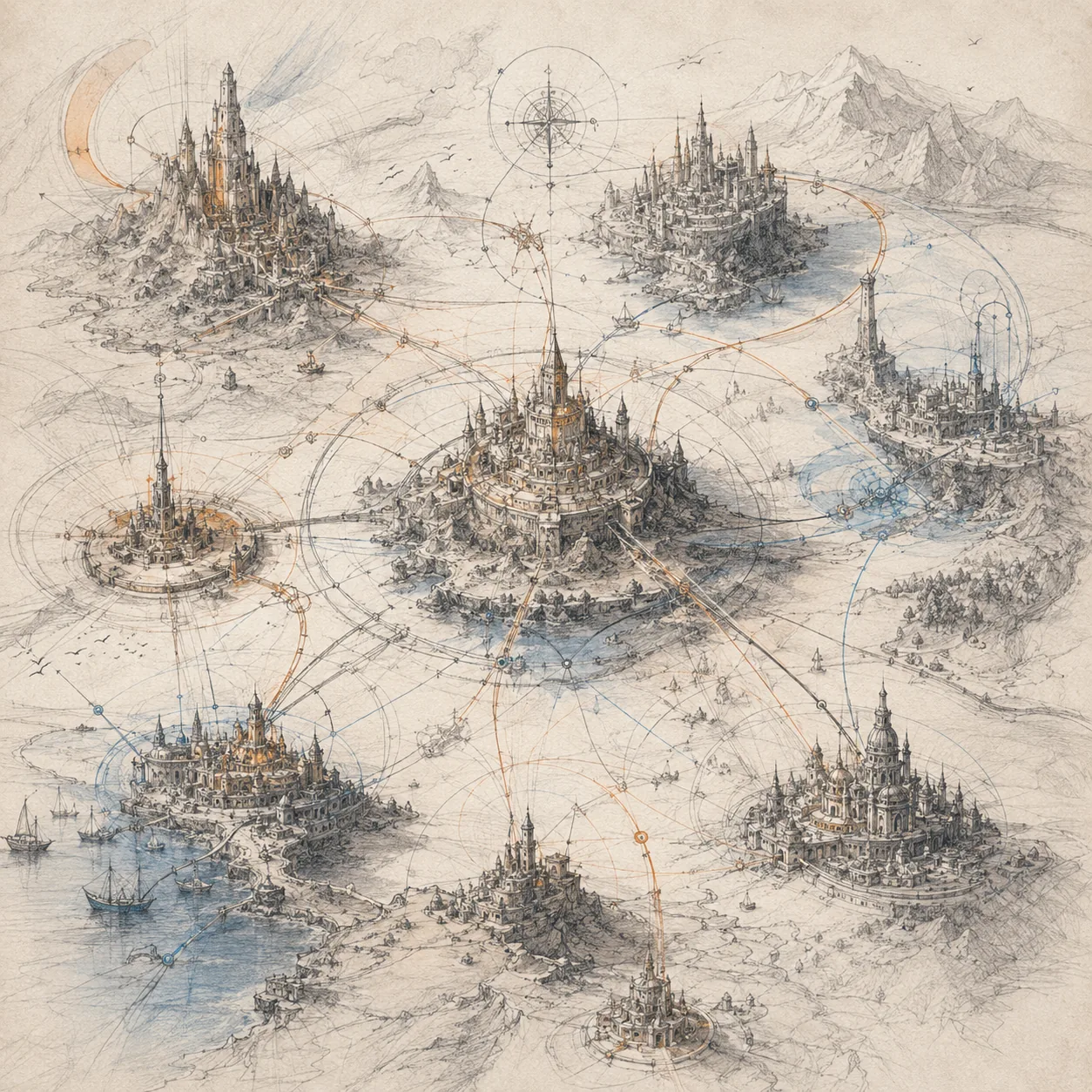 Relations Between Cities — pencil-sketch map of walled cities linked by signal arcs, soul-nodes overhead.