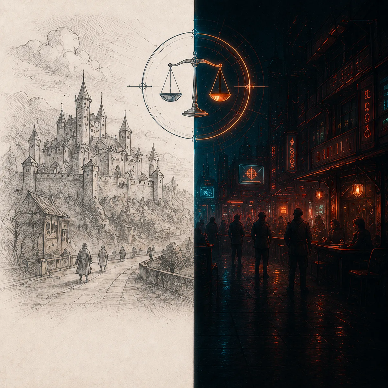 One Day, Two Worlds — neon cityscape split: dark sci-fi skyline left, orange-lit bar district right, balance scale at centre.