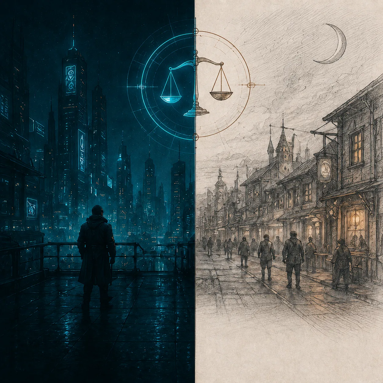 One Day, Two Worlds — pencil-sketch split: keep and village left, neon-lit street right, balance scale at centre.