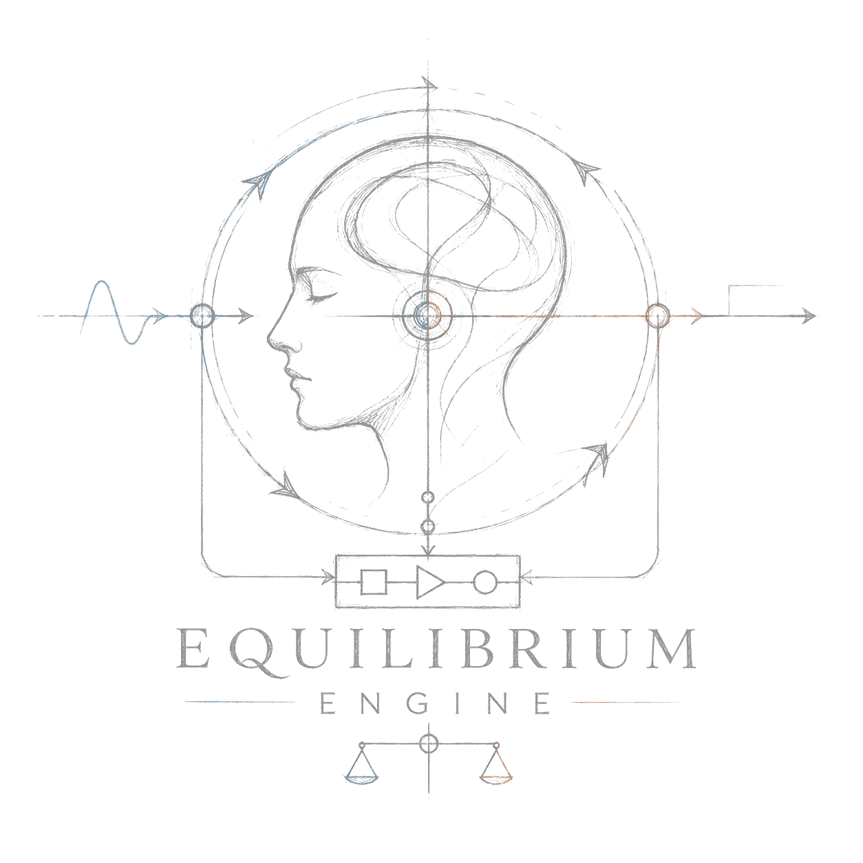 Pencil-sketch profile head wrapped in a feedback loop: a blue sine wave enters from the left, an orange step function exits right, a comparator block feeds back beneath, with a balance scale under the EQUILIBRIUM ENGINE wordmark.