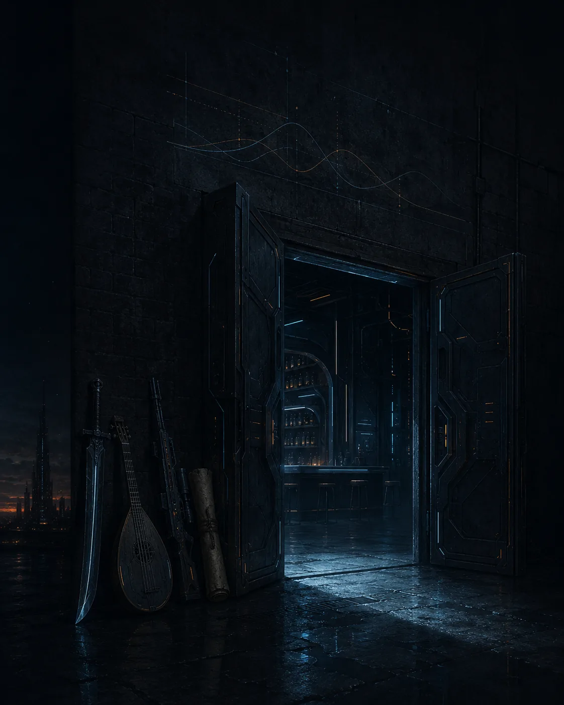 The keep’s gate standing open at dusk, a lantern lit for whoever arrives next.