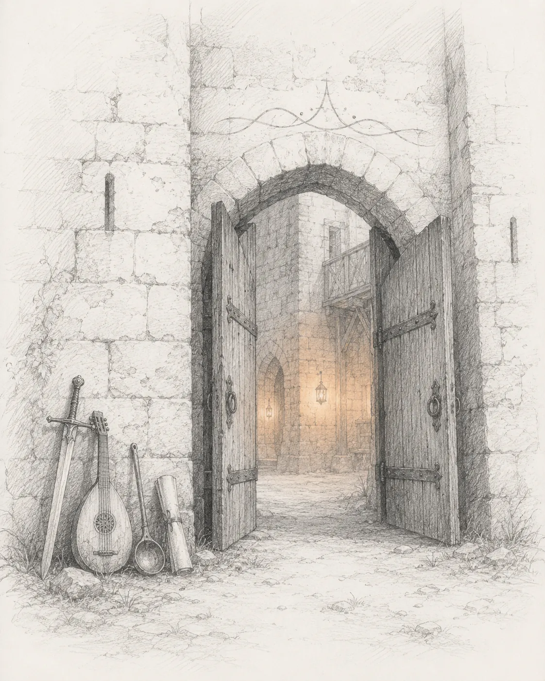 Pencil sketch of the keep’s gate standing open, a lantern lit for whoever arrives next.