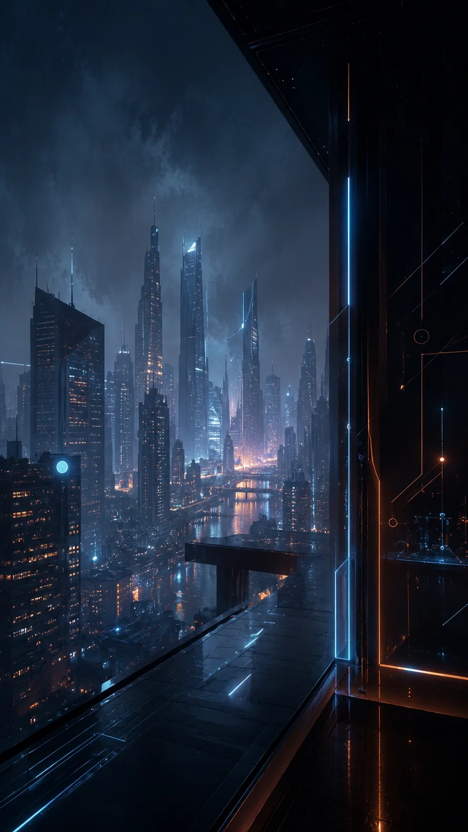Poke the Engine — neon night-city skyline seen from a rain-slick terrace, circuit lines glowing blue and orange.
