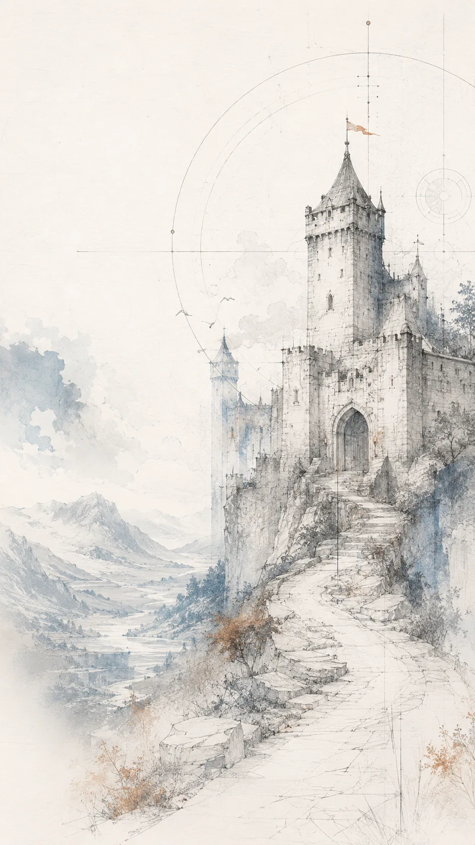 Poke the Engine — pencil-sketch castle on a mountain path, drafting circles and survey lines overhead.