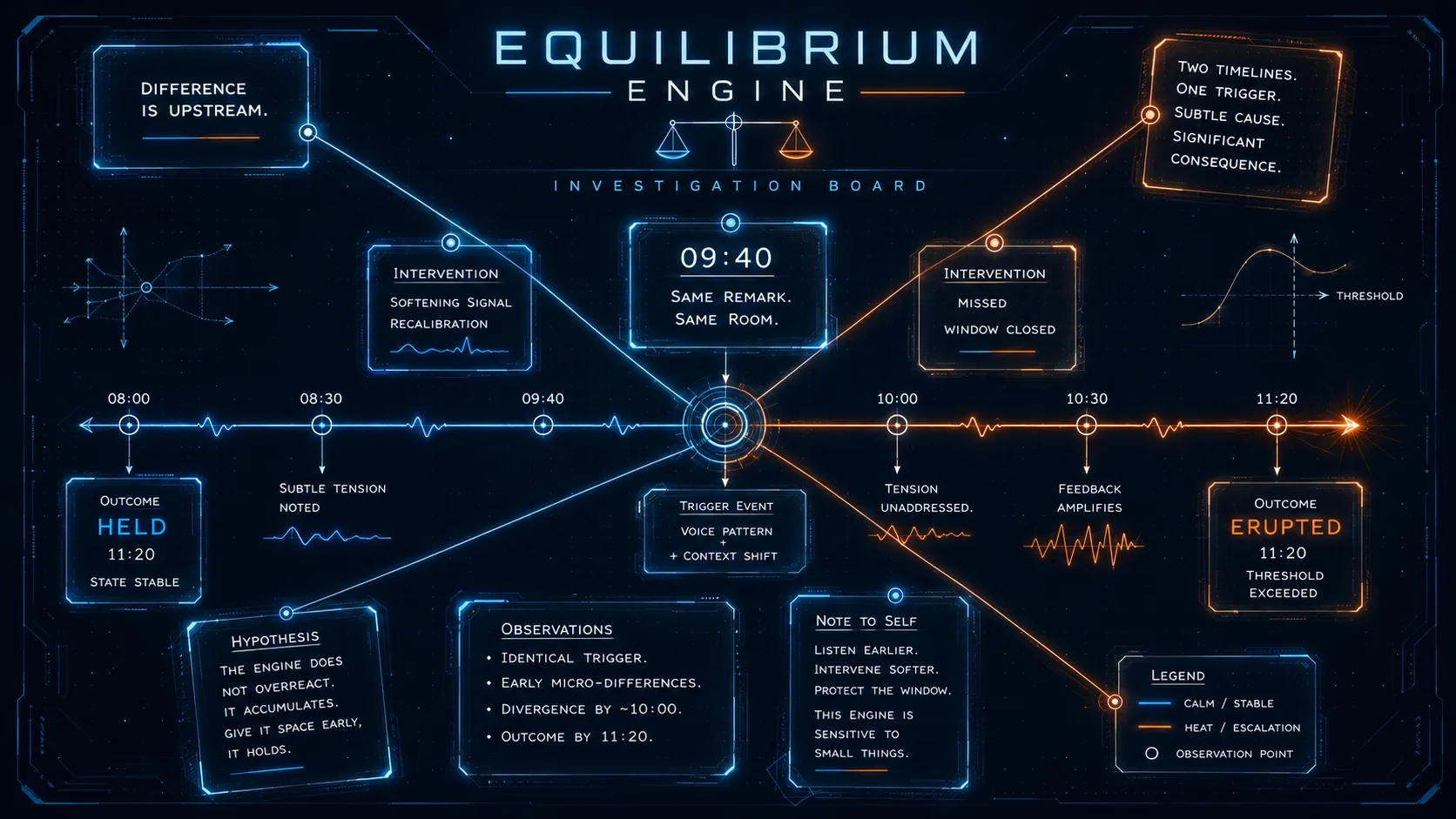 Investigation board: one identical remark at 09:40 branches into a held outcome on the calm blue timeline and an erupted outcome on the orange one — the difference is upstream.