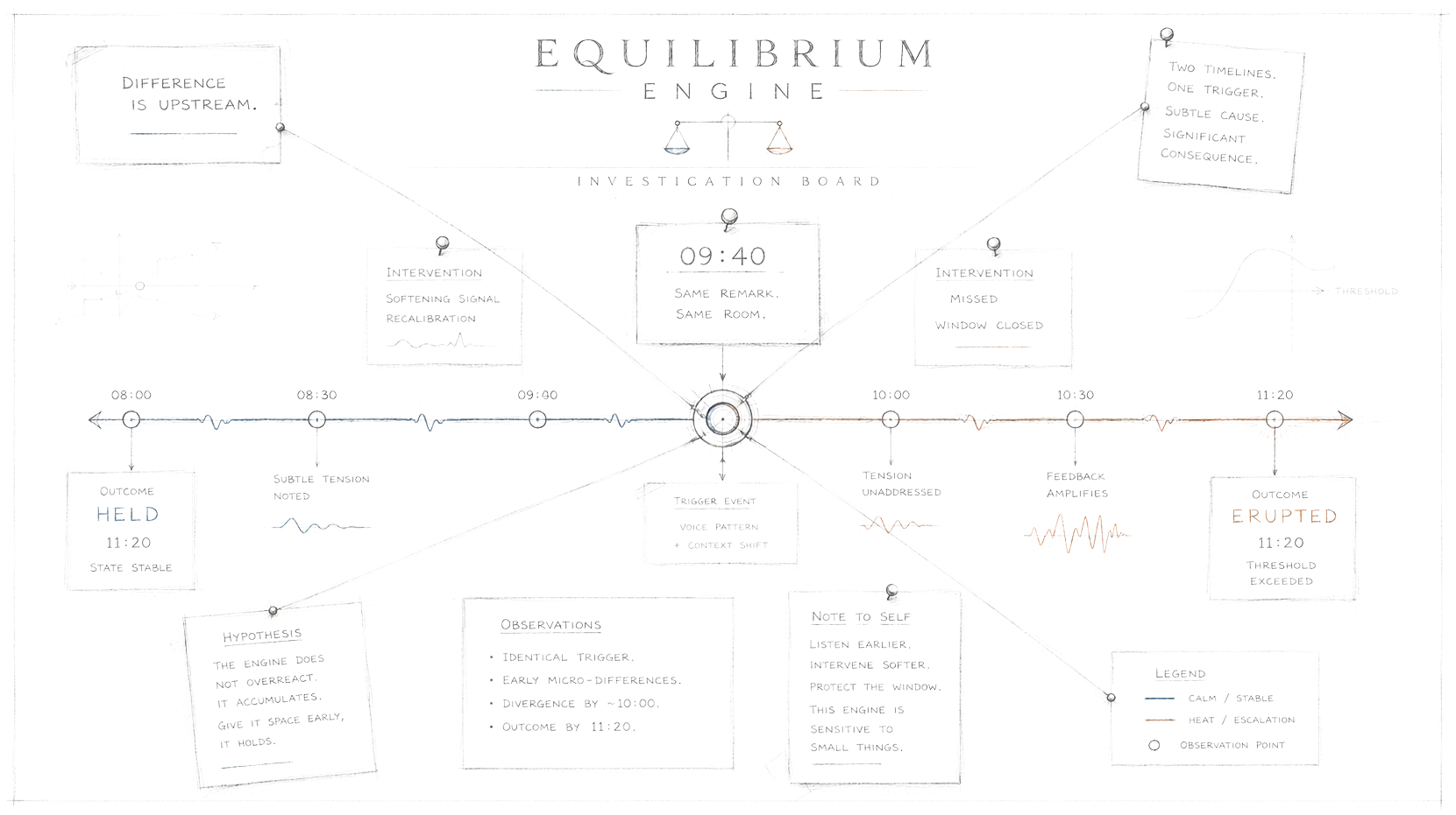 Investigation board: one identical remark at 09:40 branches into a held outcome on the calm blue timeline and an erupted outcome on the orange one — the difference is upstream.